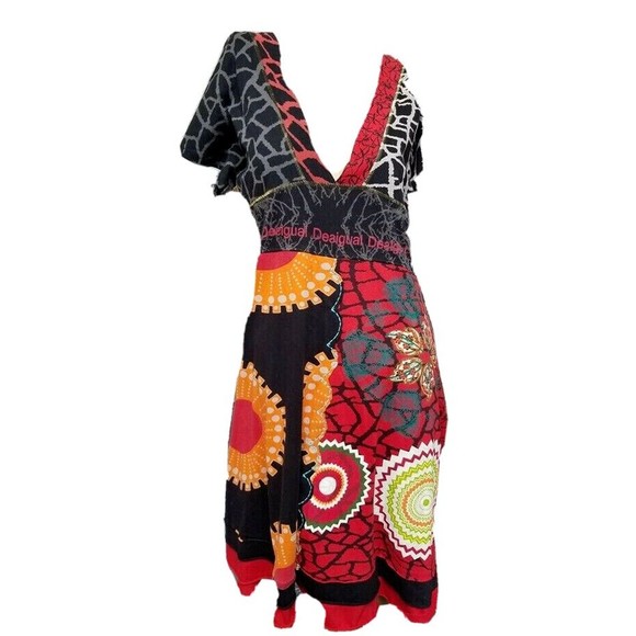 Desigual Designer Dress Hippie Boho Deep V Front and Back Art-To-Wear Size Med - Picture 2 of 11